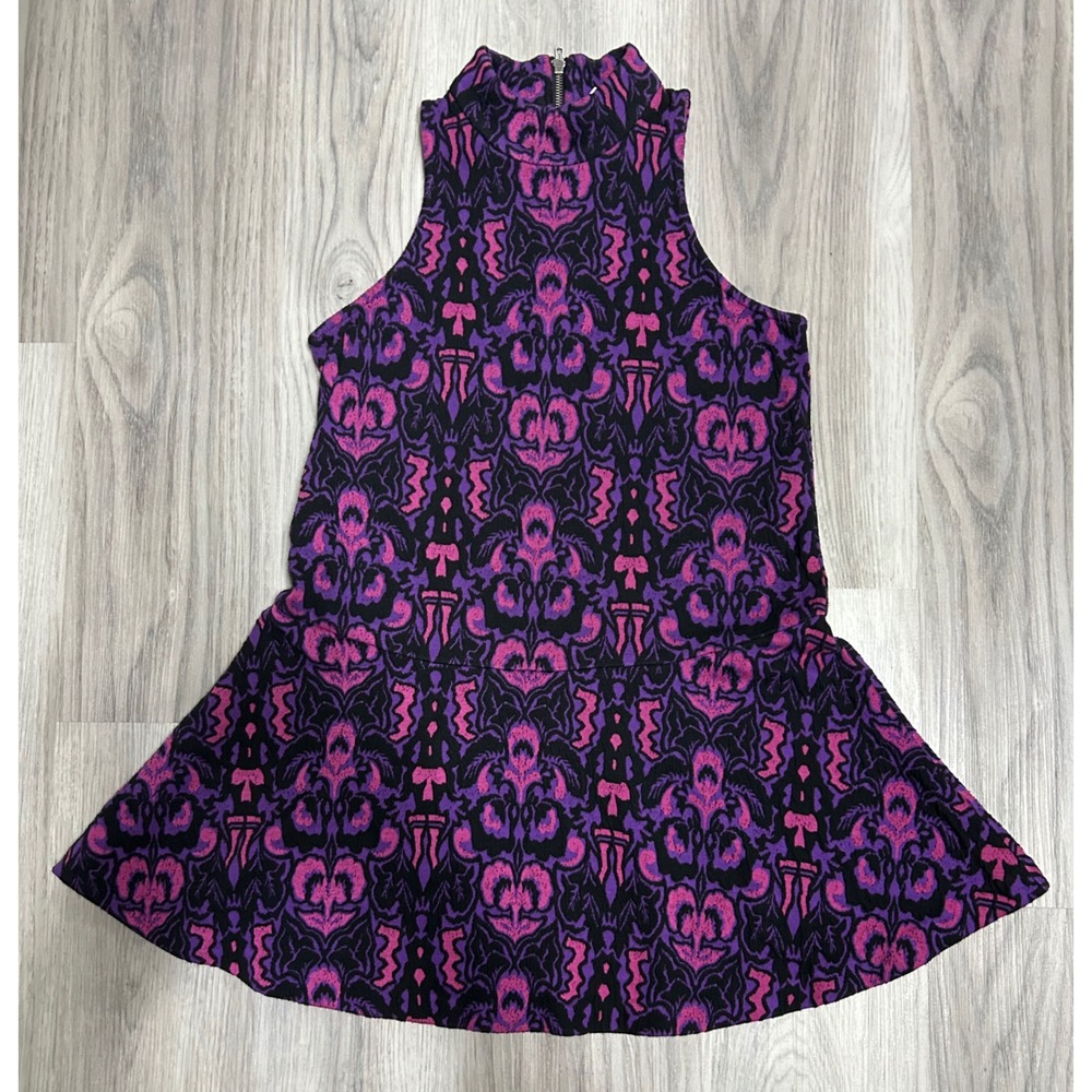 Free People Purple Pink Damask Ikat Mock Neck Drop Waist Tunic top mini dress XS